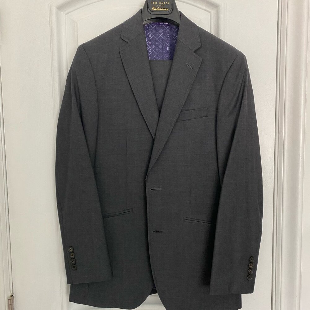 Ted Baker Endurance Suit 100% Wool- Dark Grey with Purple lining